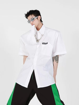 Back view of clean minimalist boxy fit short sleeve shirt