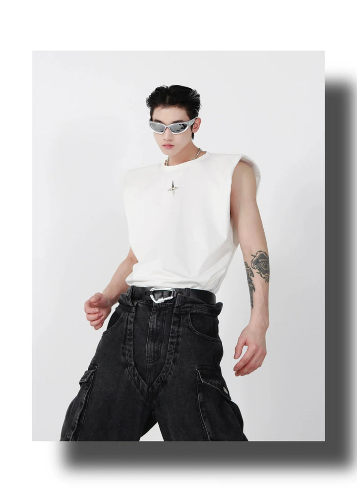 Minimalist Loose - Fit Vest / Tank Top with Padded Shoulders & Metallic Logo - ArguE CulturE