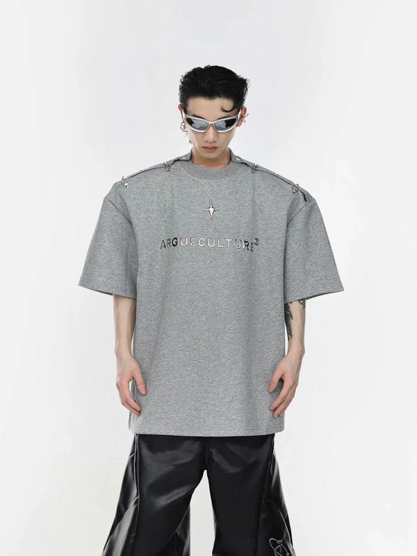 Minimalist Metal Toggle Closure Short Sleeve T - Shirt with Pads Shoulder - ArguE CulturE