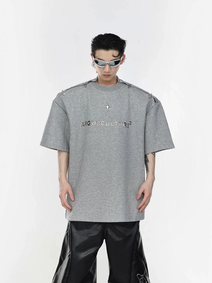 Minimalist Metal Toggle Closure Short Sleeve T - Shirt with Pads Shoulder - ArguE CulturE