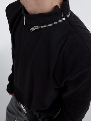 Structural print detail on the sleeve of a black streetwear undershirt