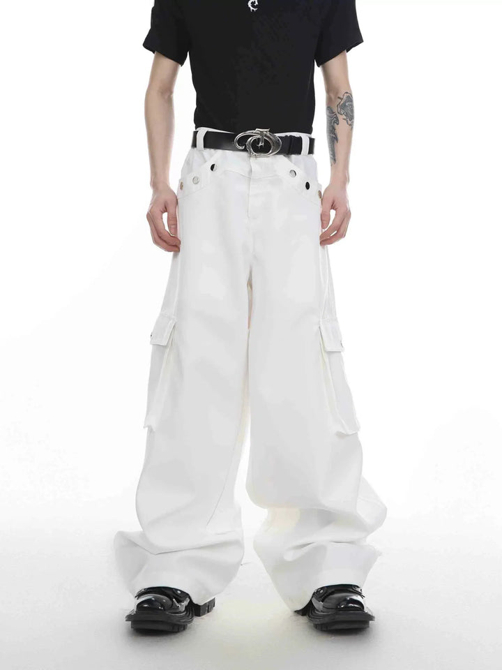 Multi Pocket Loose Straight Leg Cargo Trousers with Metal Button - ArguE CulturE