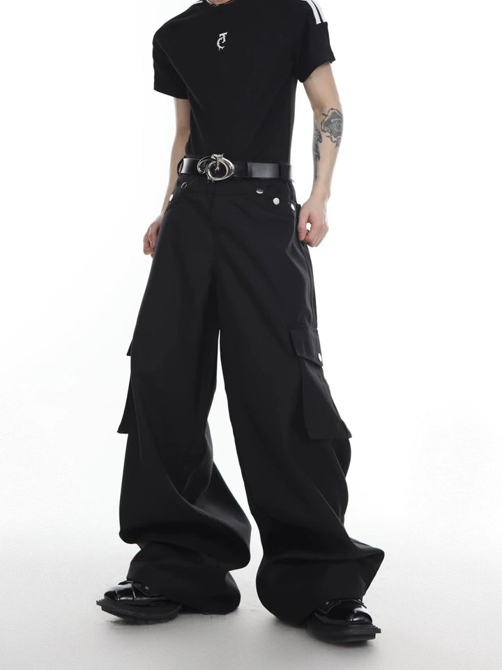 Multi Pocket Loose Straight Leg Cargo Trousers with Metal Button - ArguE CulturE