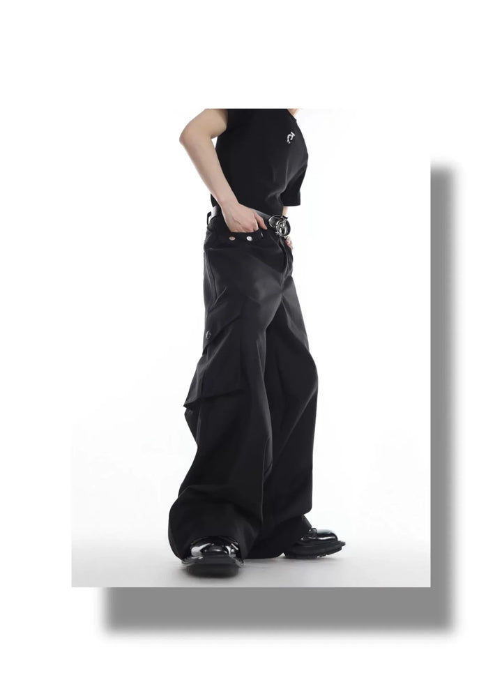 Multi Pocket Loose Straight Leg Cargo Trousers with Metal Button - ArguE CulturE