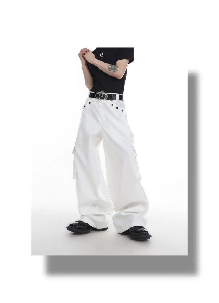 Multi Pocket Loose Straight Leg Cargo Trousers with Metal Button - ArguE CulturE