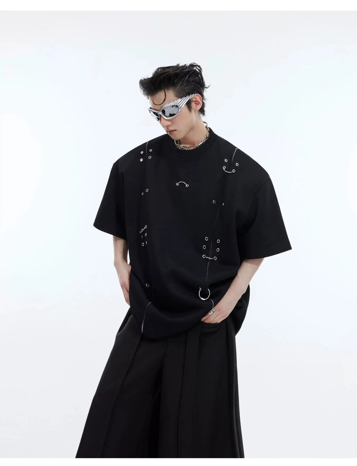 Niche Short Sleeve T - Shirt with Metal Circle Accents and Shoulder Pads - ArguE CulturE