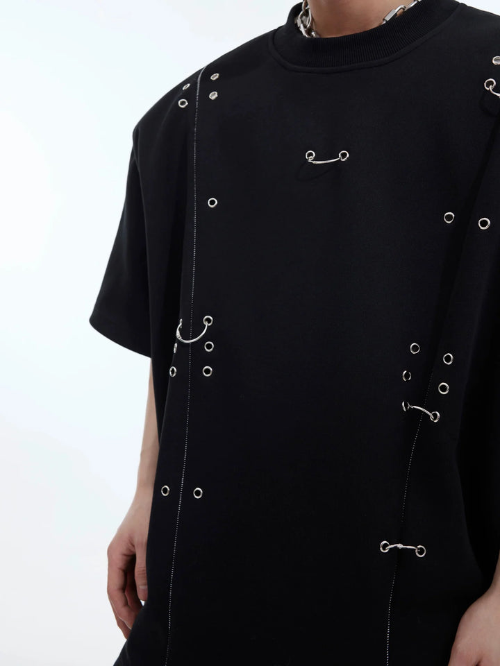 Niche Short Sleeve T - Shirt with Metal Circle Accents and Shoulder Pads - ArguE CulturE