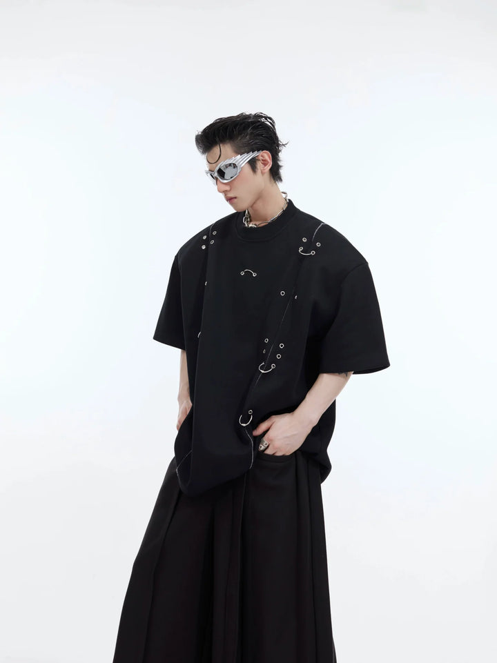 Niche Short Sleeve T - Shirt with Metal Circle Accents and Shoulder Pads - ArguE CulturE