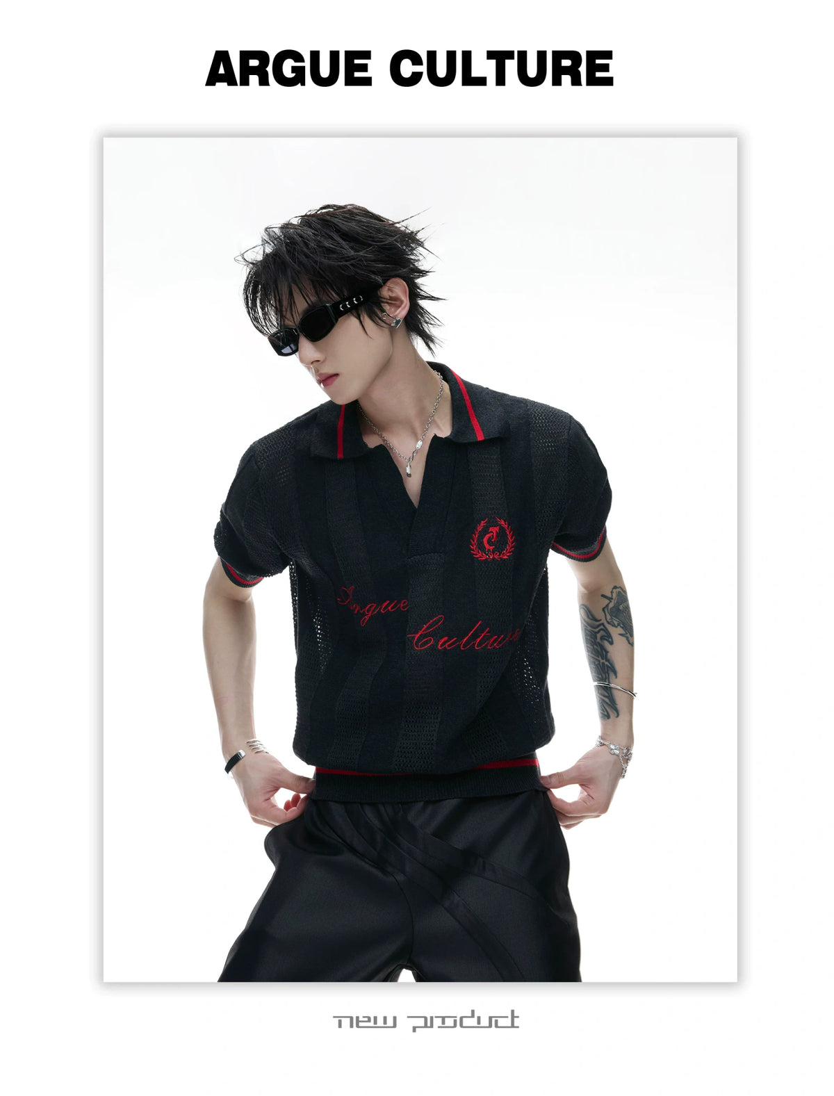 Openwork Knit Embroidered Polo Shirt in Black or White - detail image 13