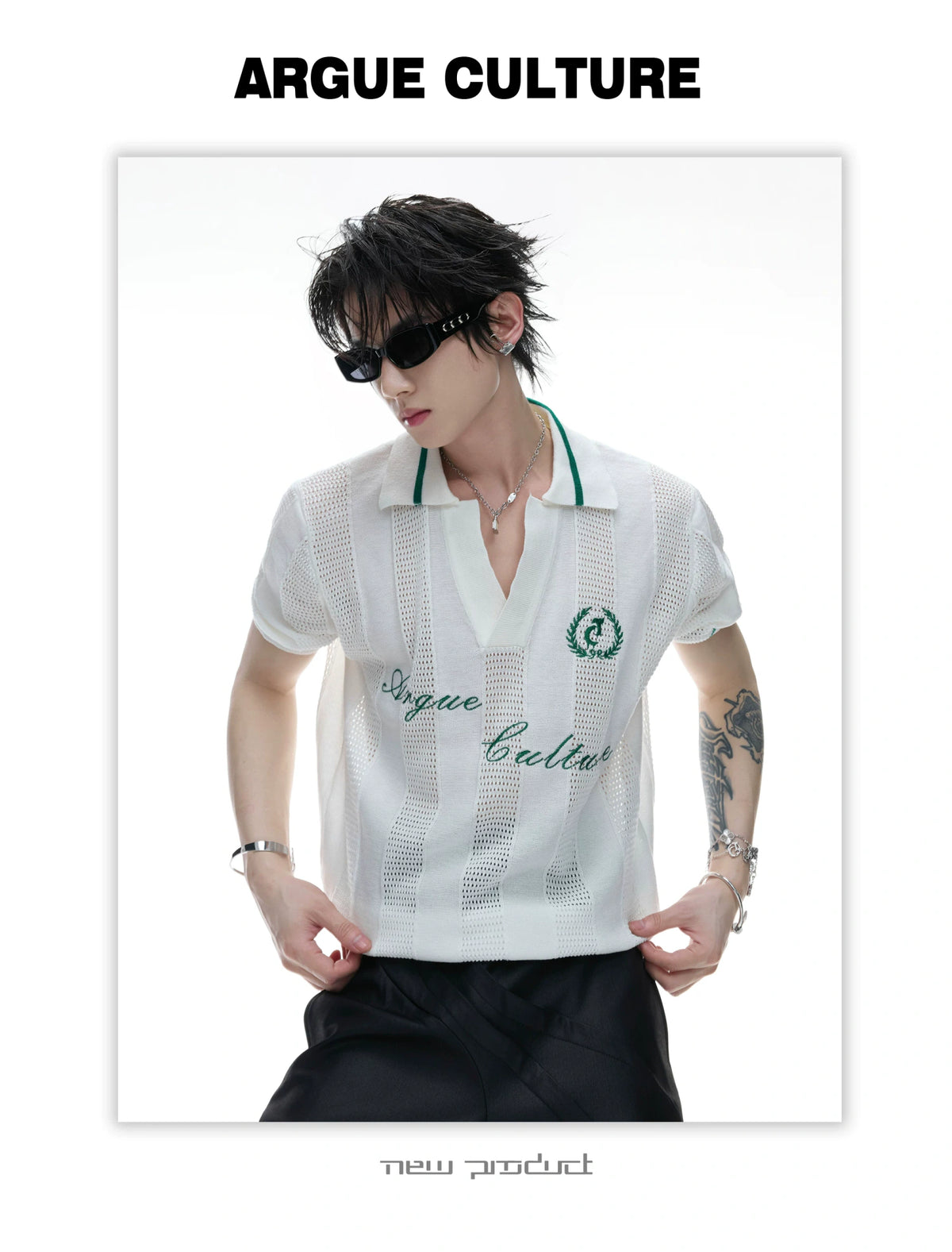Openwork Knit Embroidered Polo Shirt in Black or White - detail image 6