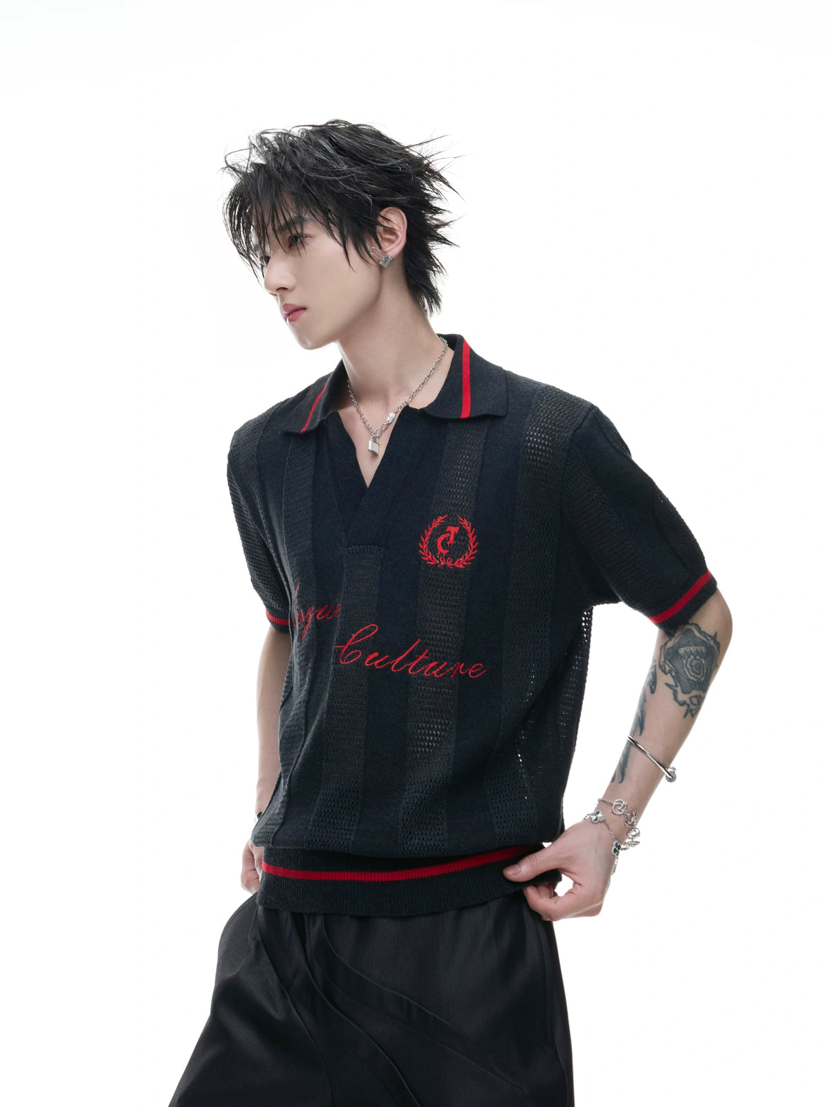 Openwork Knit Embroidered Polo Shirt in Black or White - main image 1