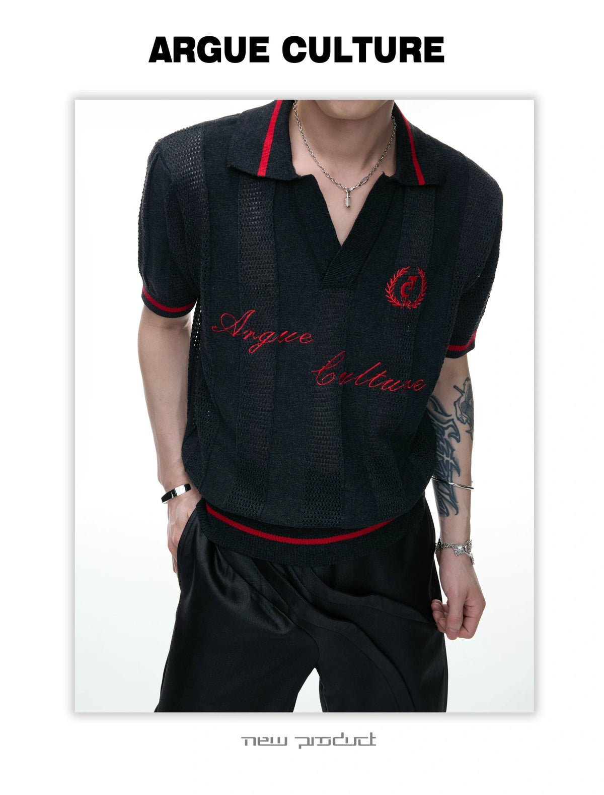 Openwork Knit Embroidered Polo Shirt in Black or White - detail image 10