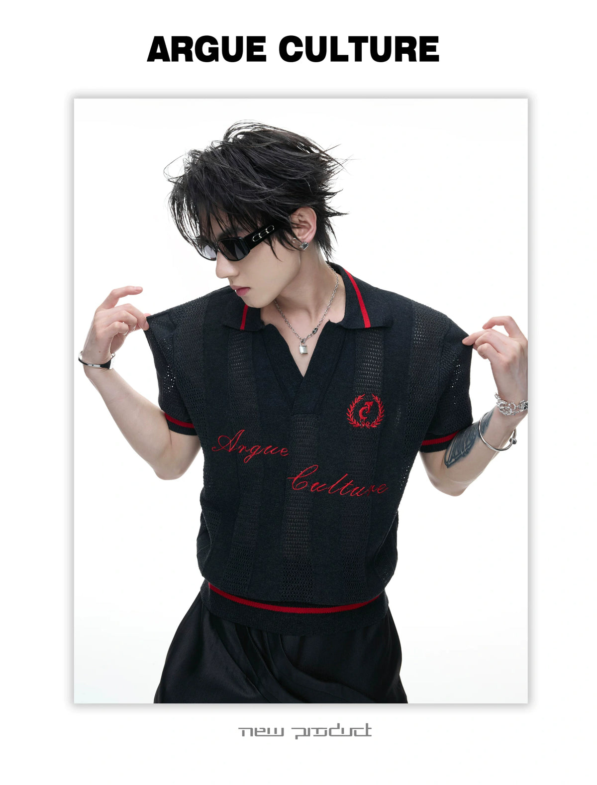 Openwork Knit Embroidered Polo Shirt in Black or White - detail image 12