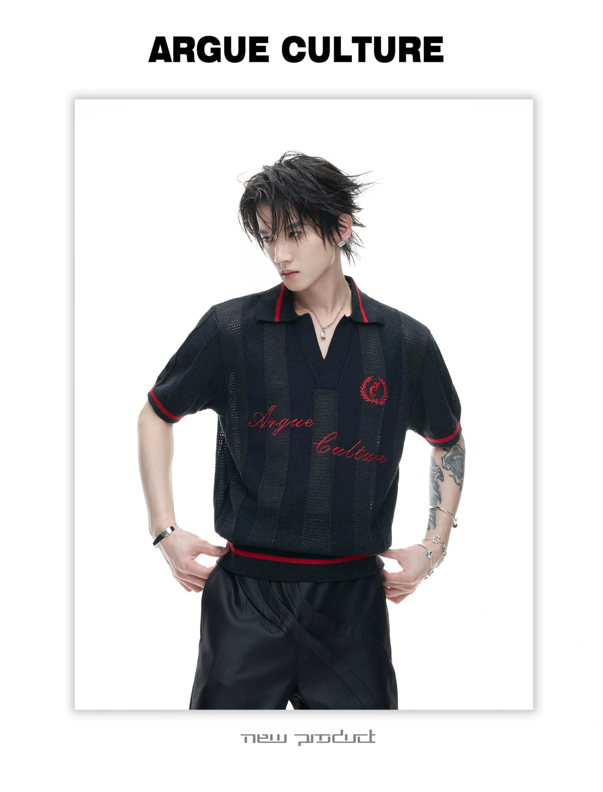 Openwork Knit Embroidered Polo Shirt in Black or White - detail image 14