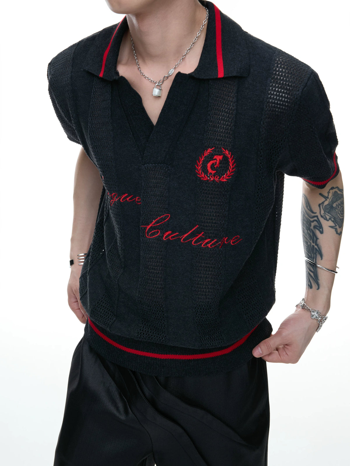 Openwork Knit Embroidered Polo Shirt in Black or White - main image 3