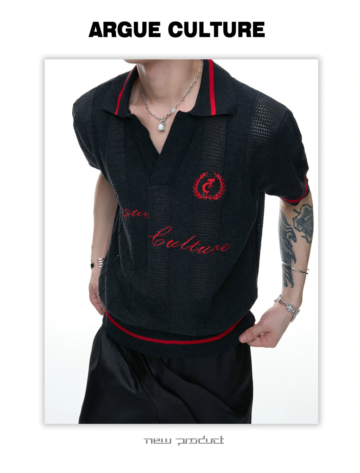 Openwork Knit Embroidered Polo Shirt in Black or White - detail image 3