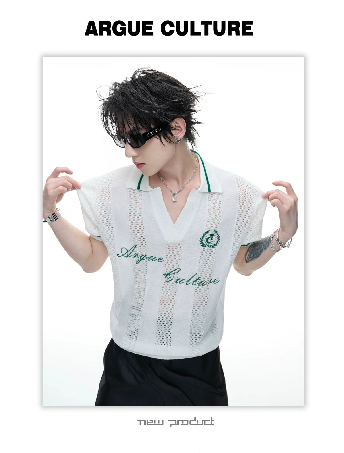 Openwork Knit Embroidered Polo Shirt in Black or White - detail image 5