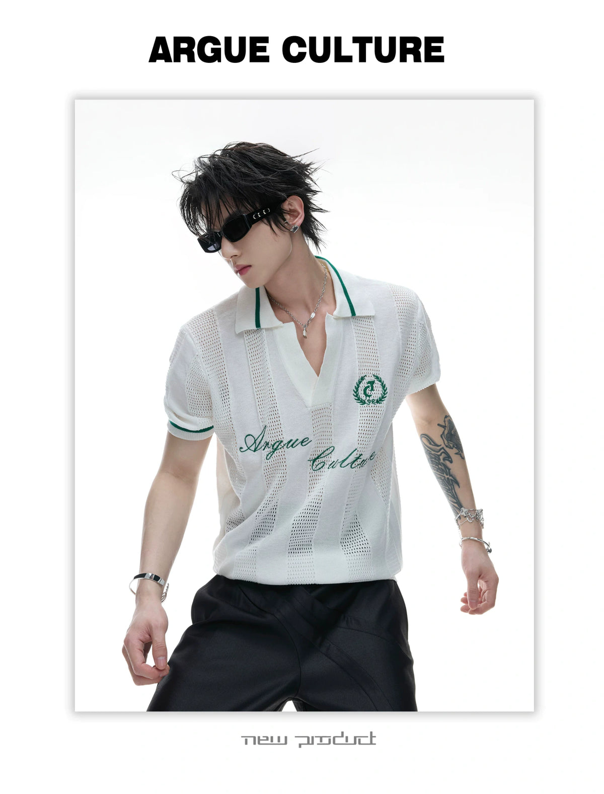 Openwork Knit Embroidered Polo Shirt in Black or White - detail image 4
