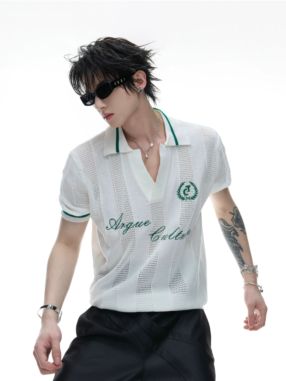 Openwork Knit Embroidered Polo Shirt in Black or White - main image 2