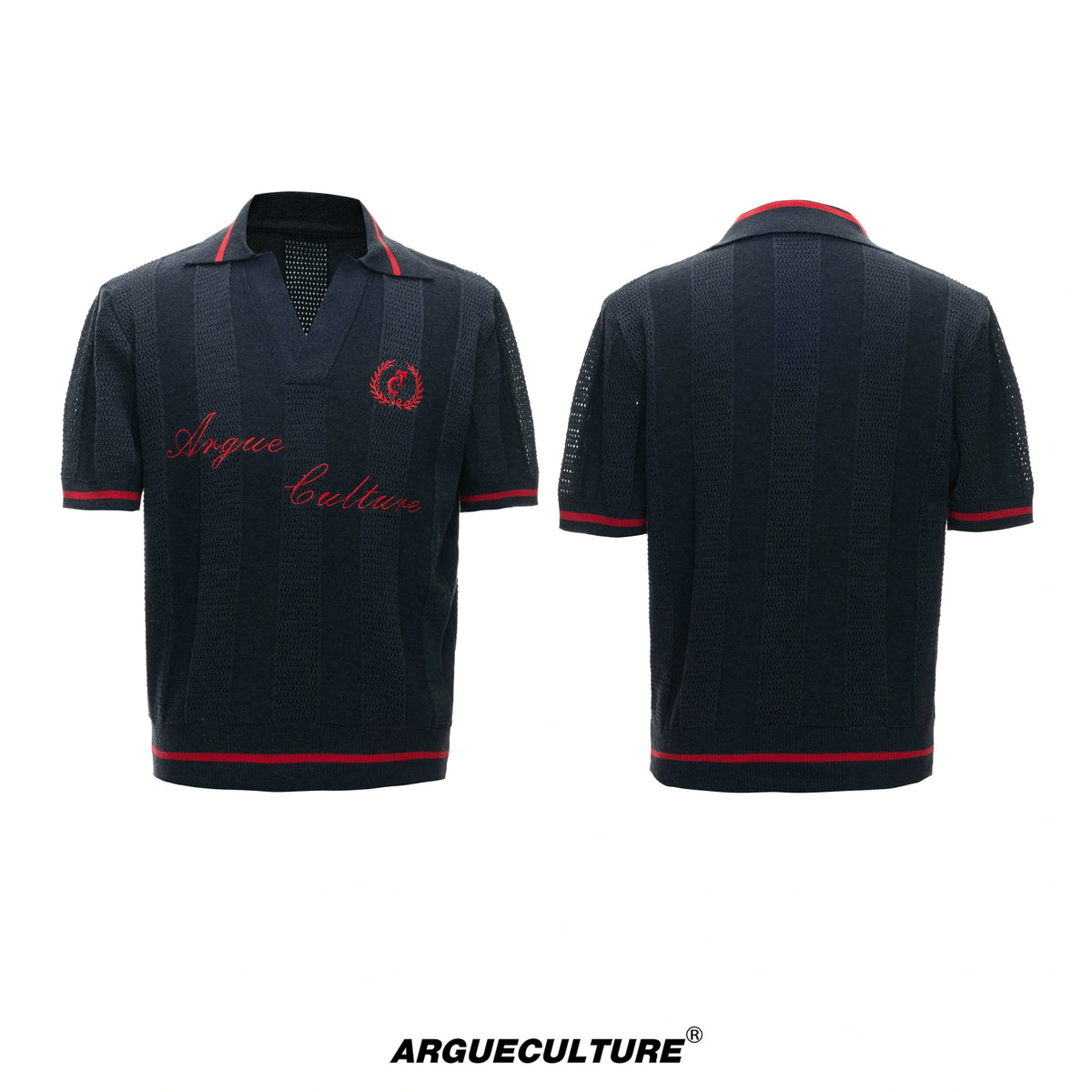 Openwork Knit Embroidered Polo Shirt in Black or White - Black