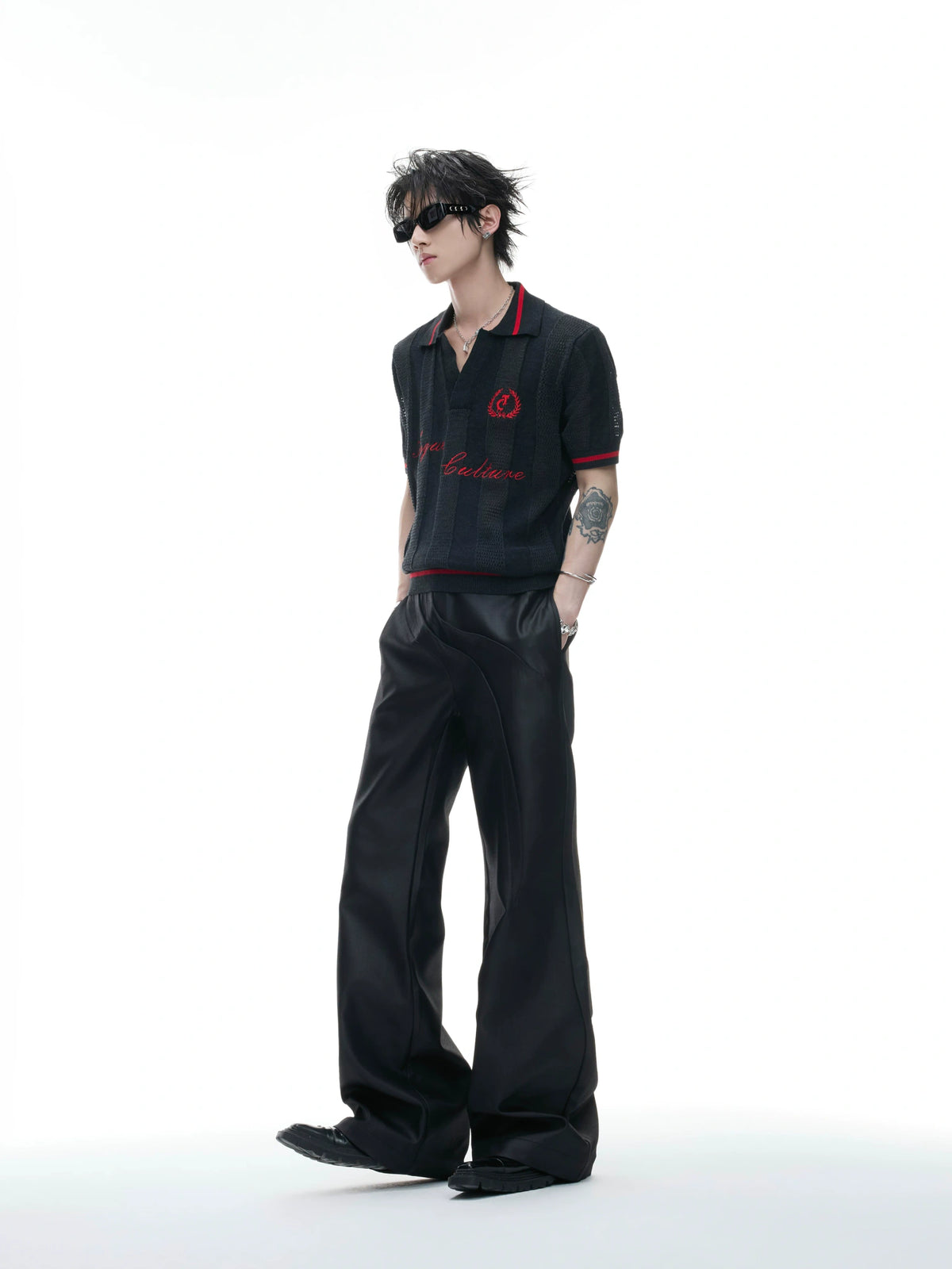 Openwork Knit Embroidered Polo Shirt in Black or White - main image 5