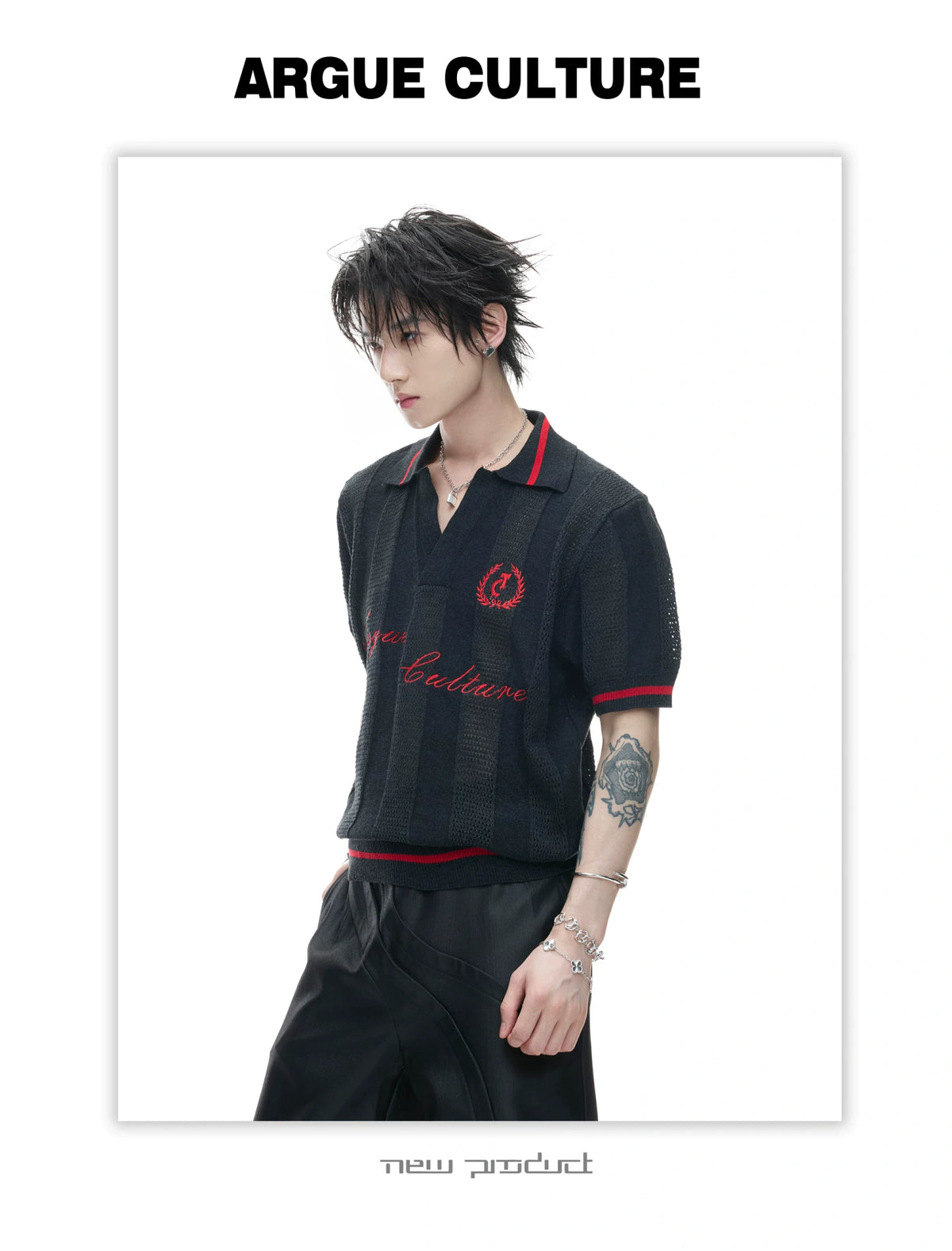 Openwork Knit Embroidered Polo Shirt in Black or White - detail image 11