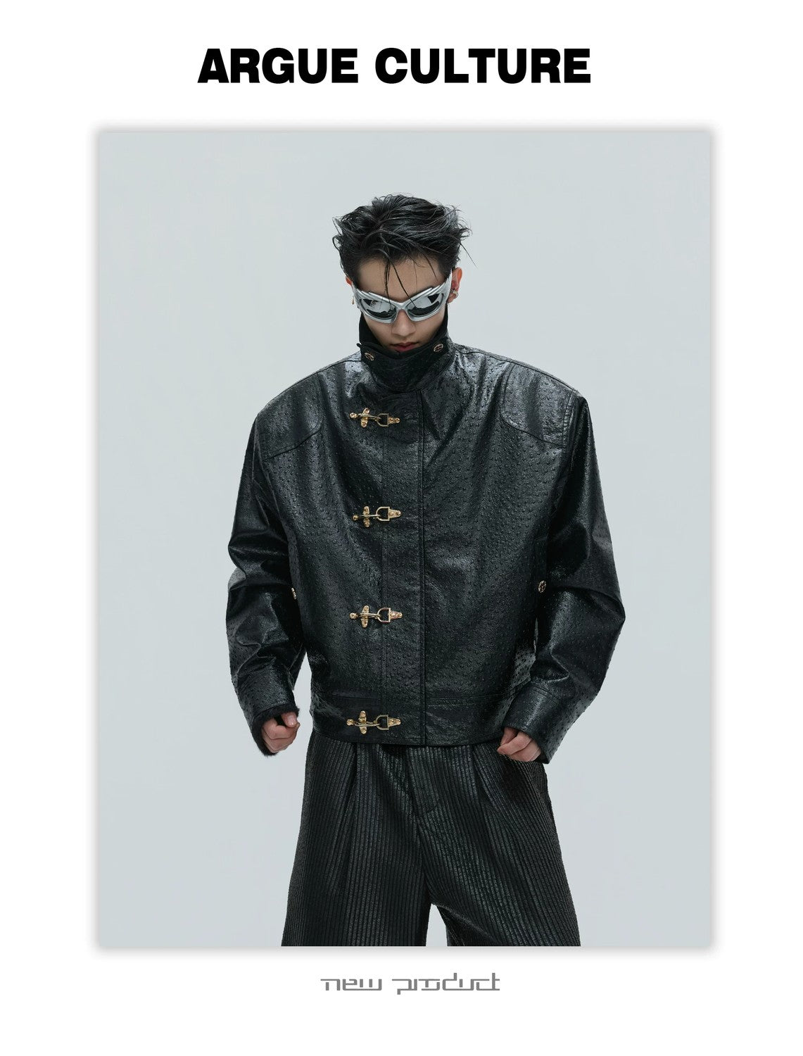 desc::ostrich-leather-texture-jacket-with-airplane-buckles-detail-img-2