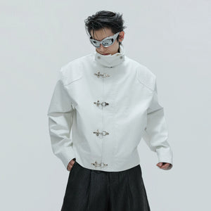 White winter leather jacket with ostrich pattern and deconstructed design.