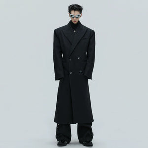Full-length view of the long deconstructed wool coat for men