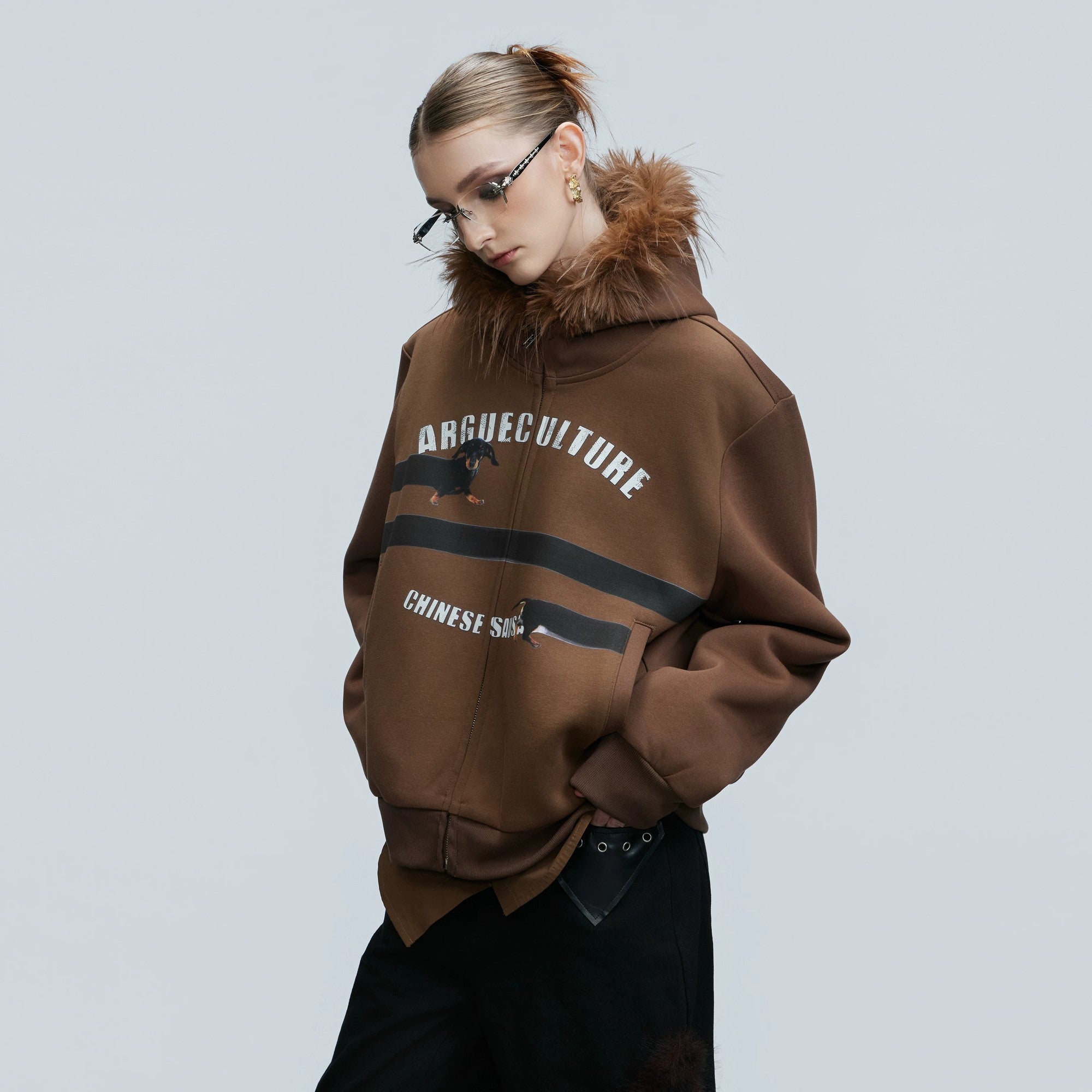 Close-up of the plush fur trim on the hood for winter warmth