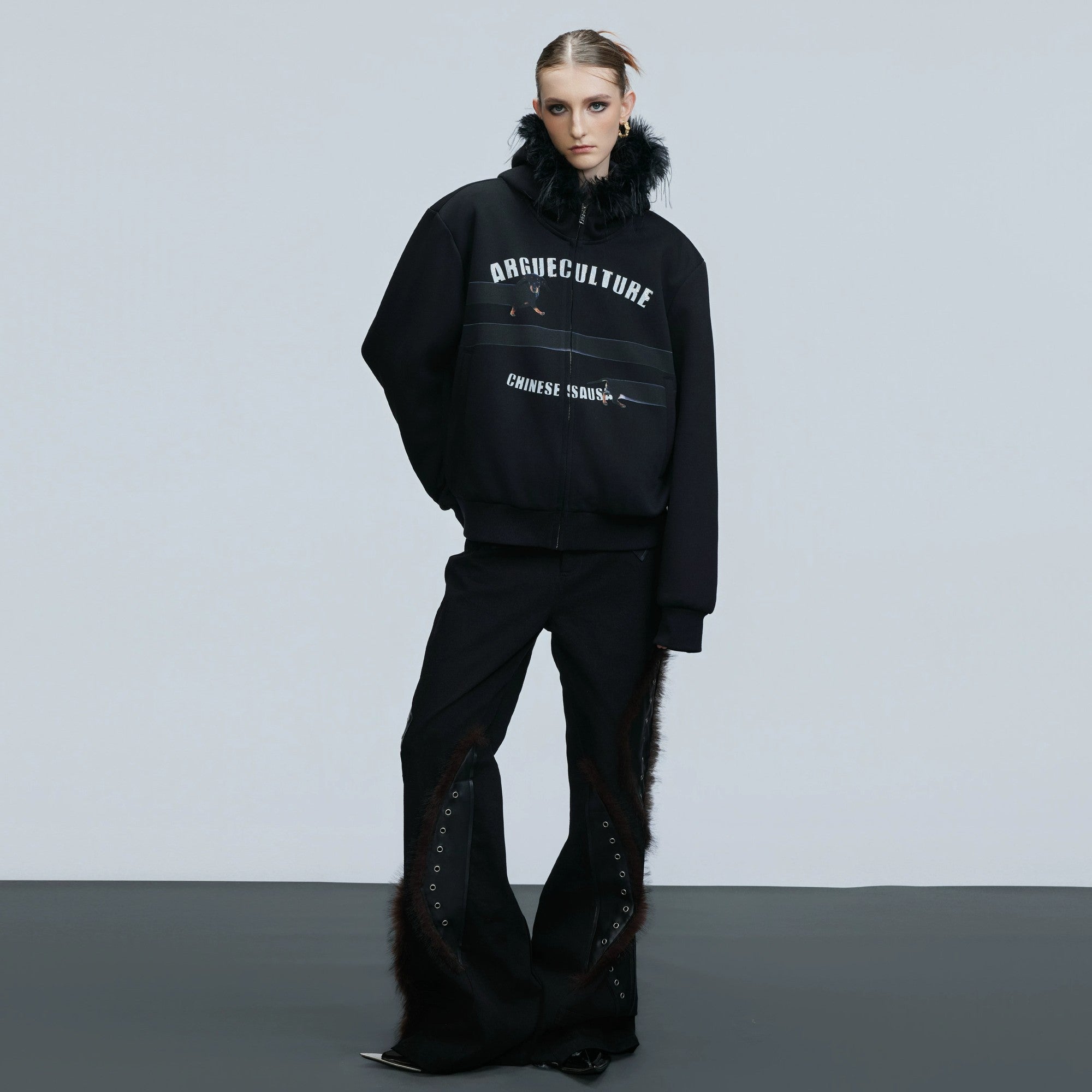 Street style model wearing the dachshund graphic hooded cardigan