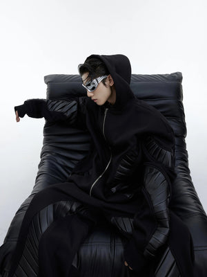 Close up of PU leather patchwork on black streetwear fleece hoodie