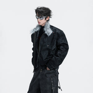 Black streetwear moto jacket with faux wolf fur trim