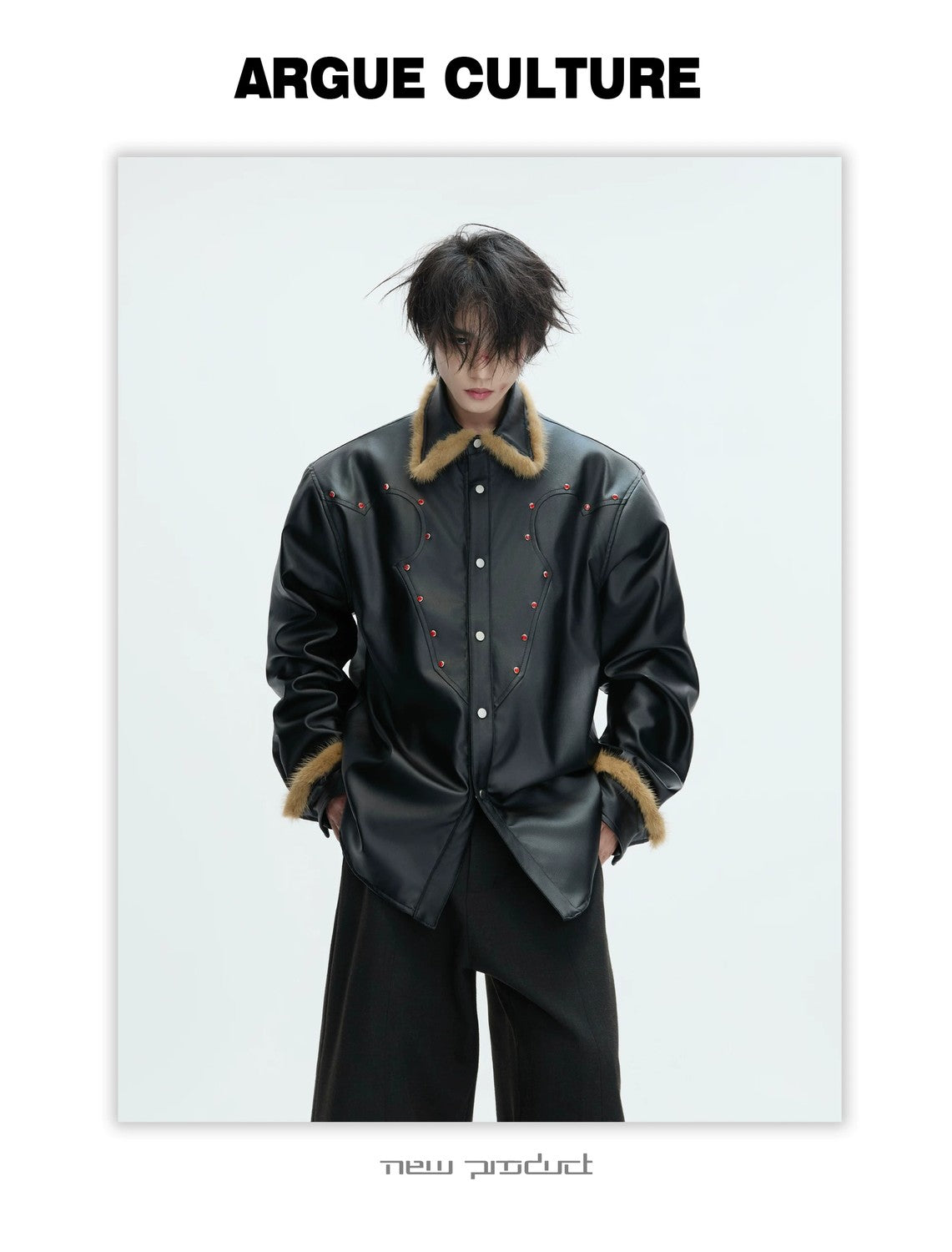 desc::oversized-fur-collar-leather-jacket-gothic-techwear-coat-detail-img-1