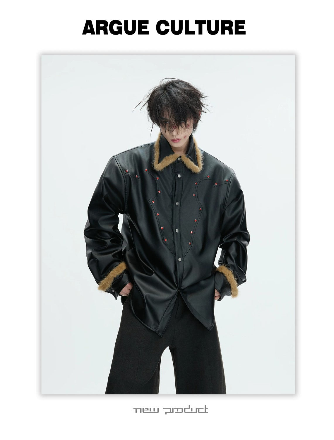 desc::oversized-fur-collar-leather-jacket-gothic-techwear-coat-detail-img-2