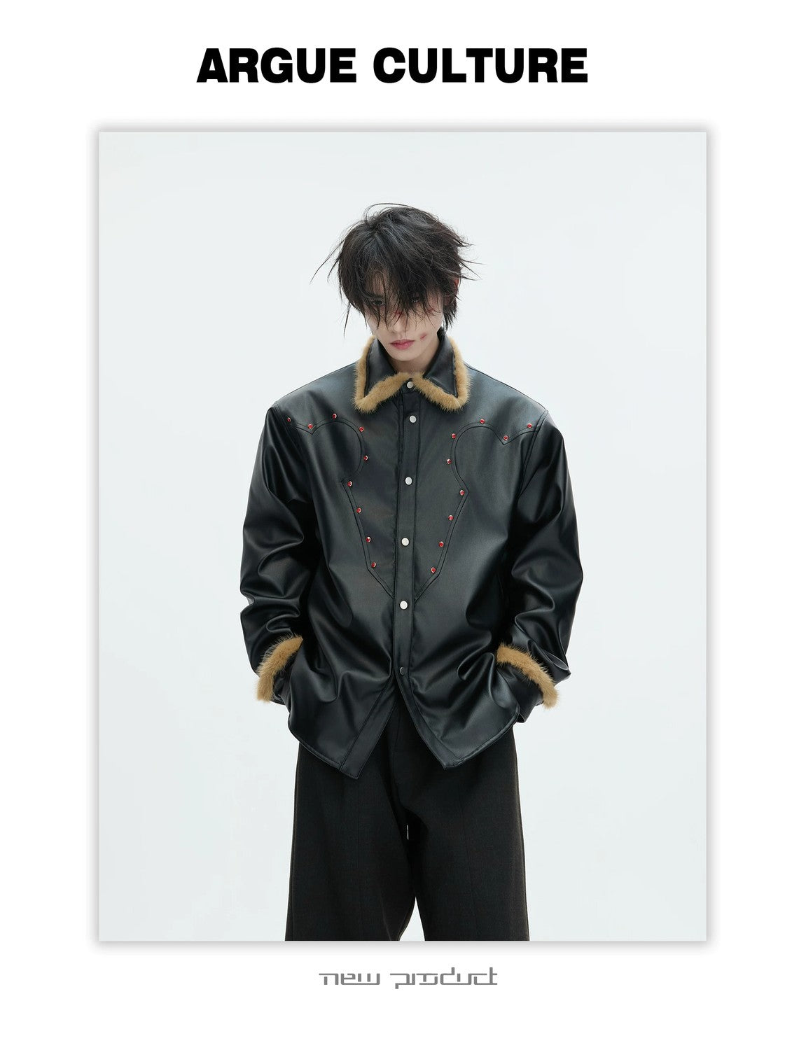 desc::oversized-fur-collar-leather-jacket-gothic-techwear-coat-detail-img-4