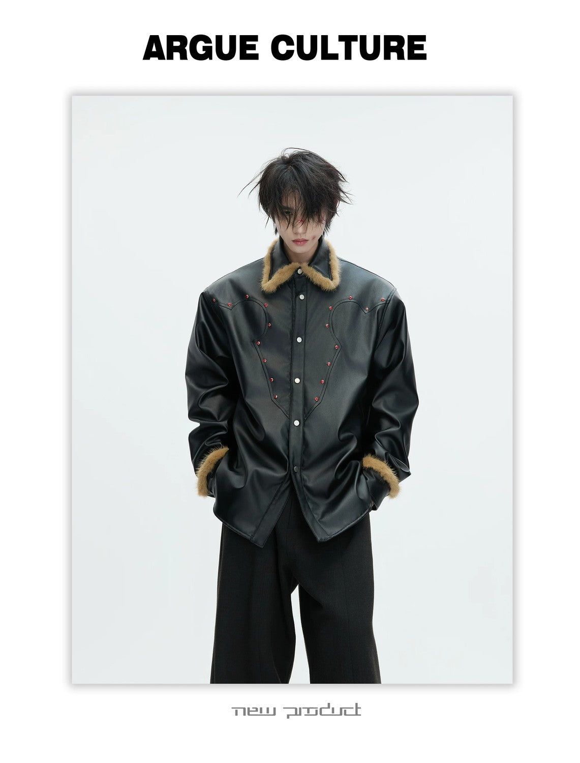 desc::oversized-fur-collar-leather-jacket-gothic-techwear-coat-detail-img-7