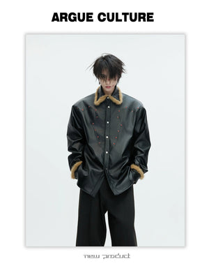 desc::oversized-fur-collar-leather-jacket-gothic-techwear-coat-detail-img-7
