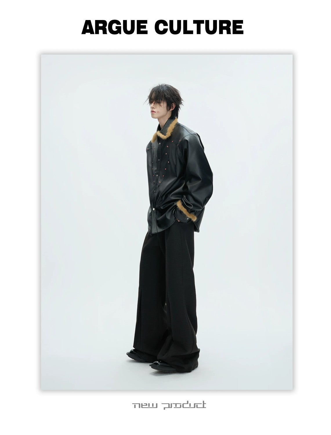 desc::oversized-fur-collar-leather-jacket-gothic-techwear-coat-detail-img-8