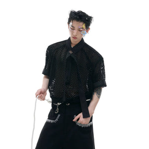 Men's black oversized hollow-out cooling knit t-shirt with metal neck detail