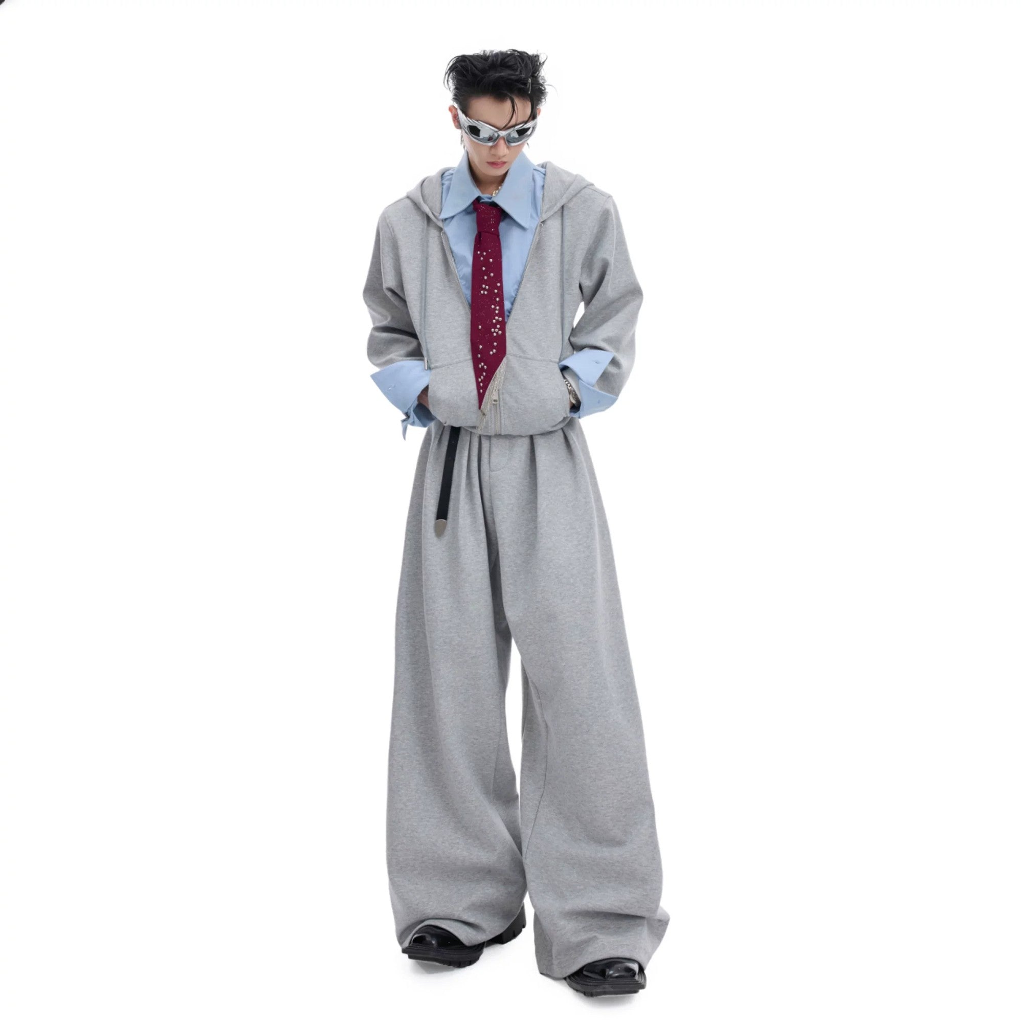 Men's oversized gray layered hoodie and baggy pants streetwear set