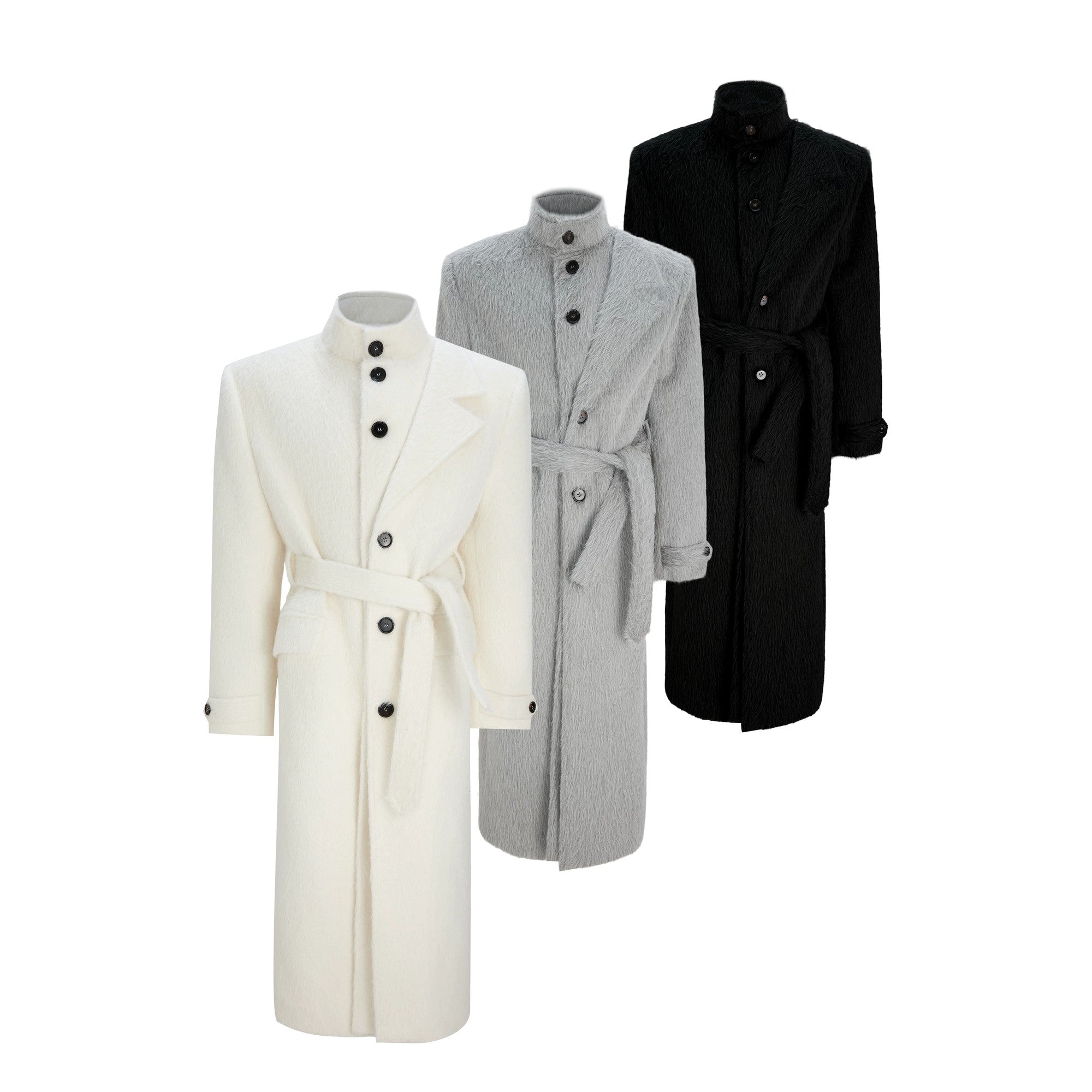 Front view of oversized gray wool blend trench coat with belted waist