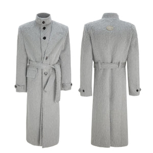 Back view of black wool blend coat with metal brand logo detail