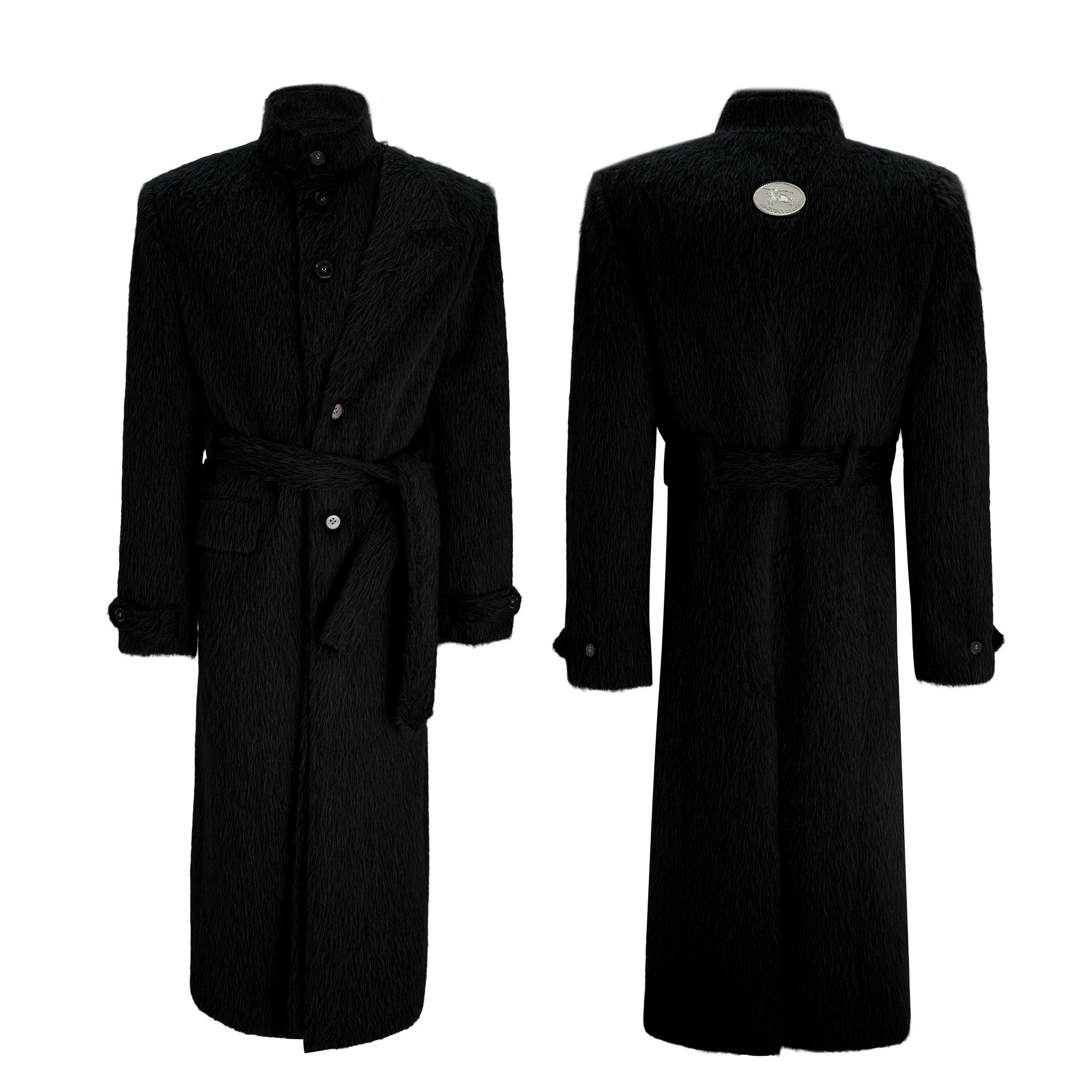 Close-up of premium amber-toned buttons on a heavyweight wool coat