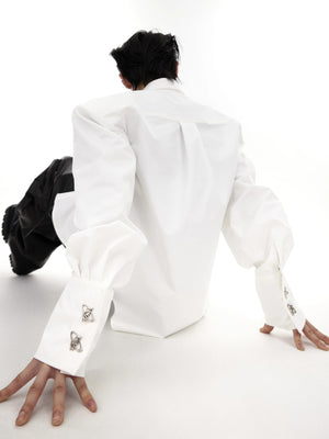 Close-up of the tie patchwork and collar design on a cotton shirt