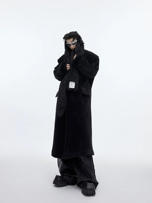 Back view of long cocoon style wool coat for men