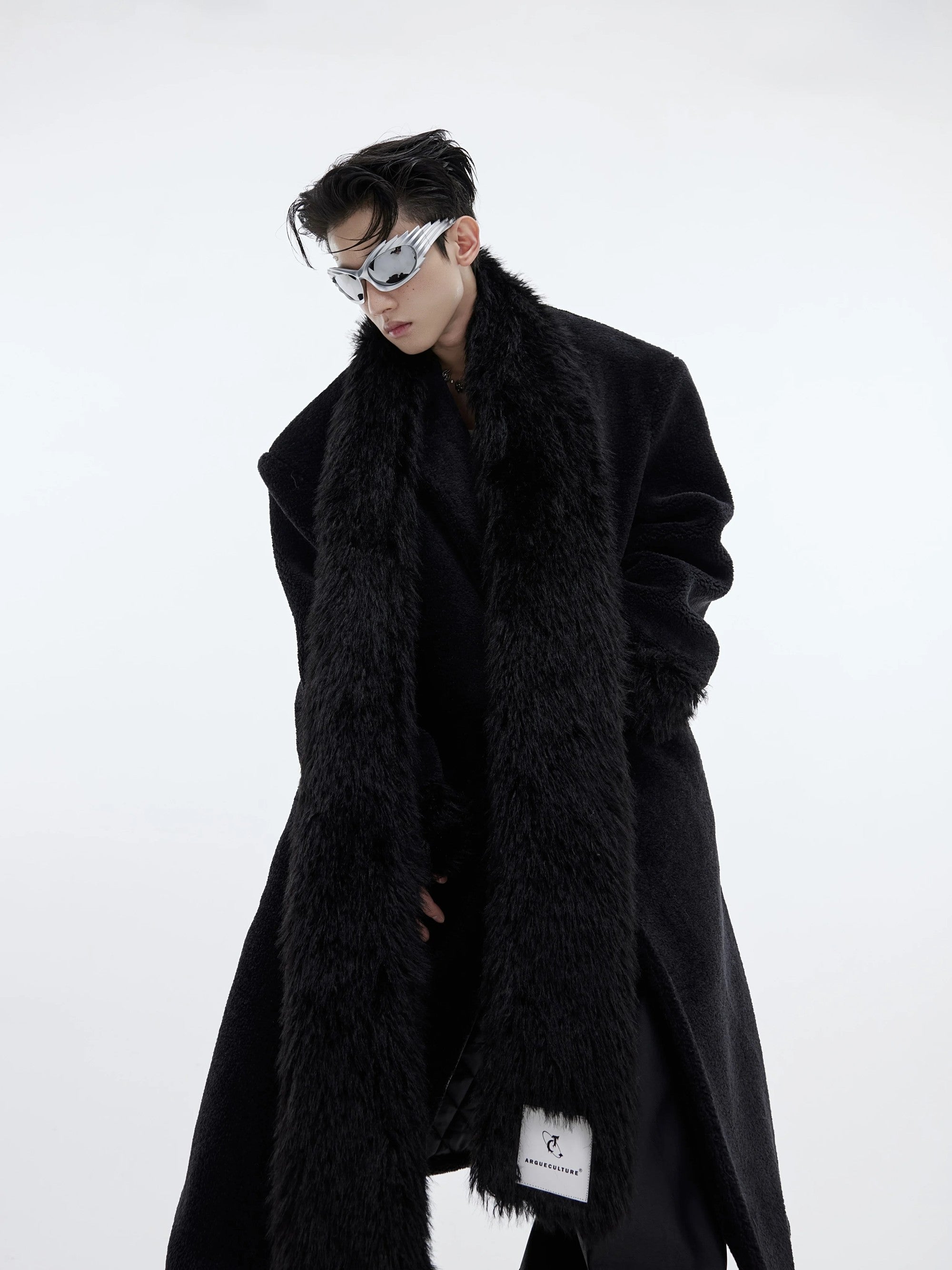 Lifestyle shot of oversized wool coat in an urban street setting
