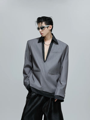 oversized-striped-faux-two-piece-blazer-jacket-black