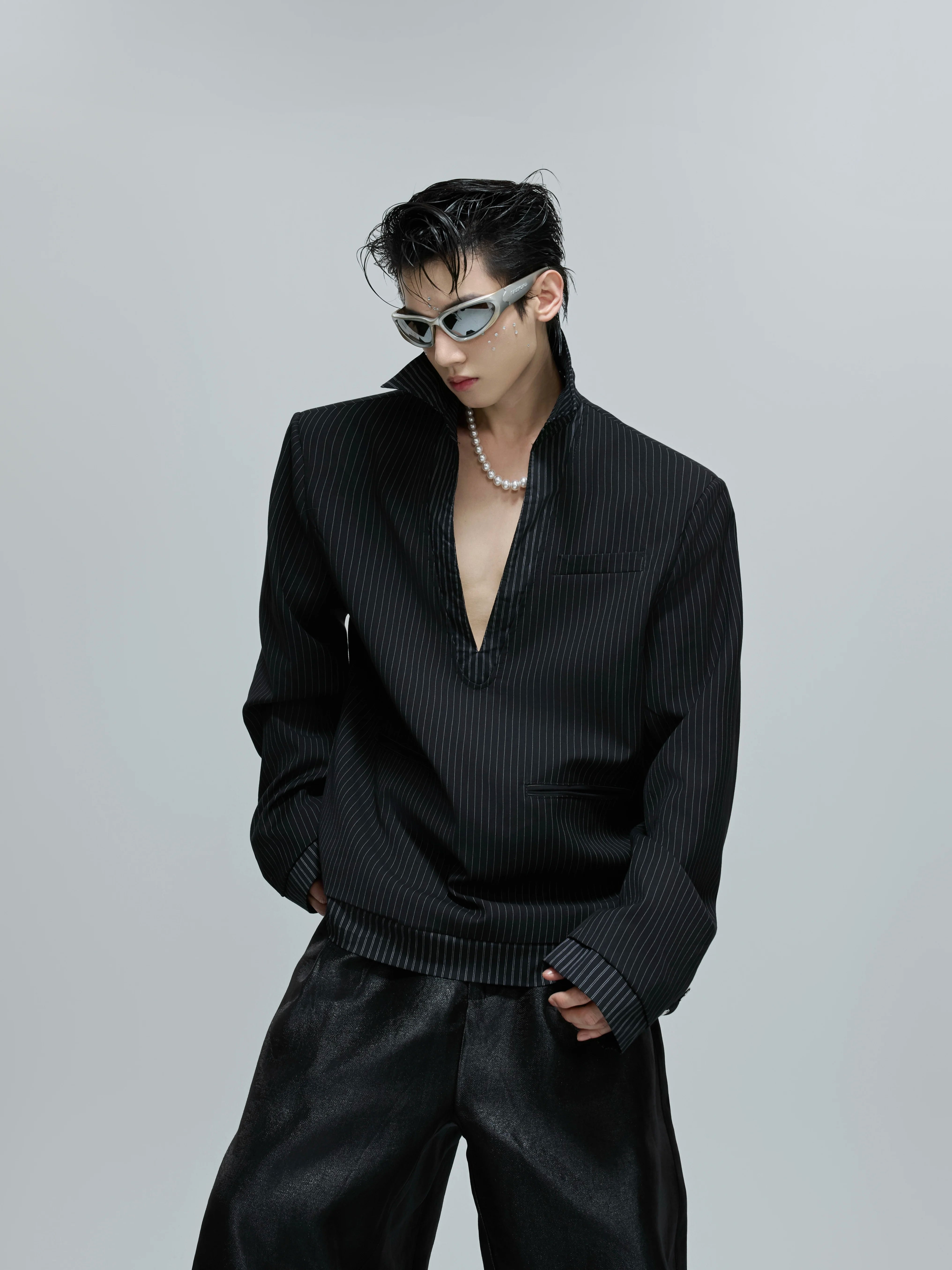 oversized-striped-faux-two-piece-blazer-jacket-gray