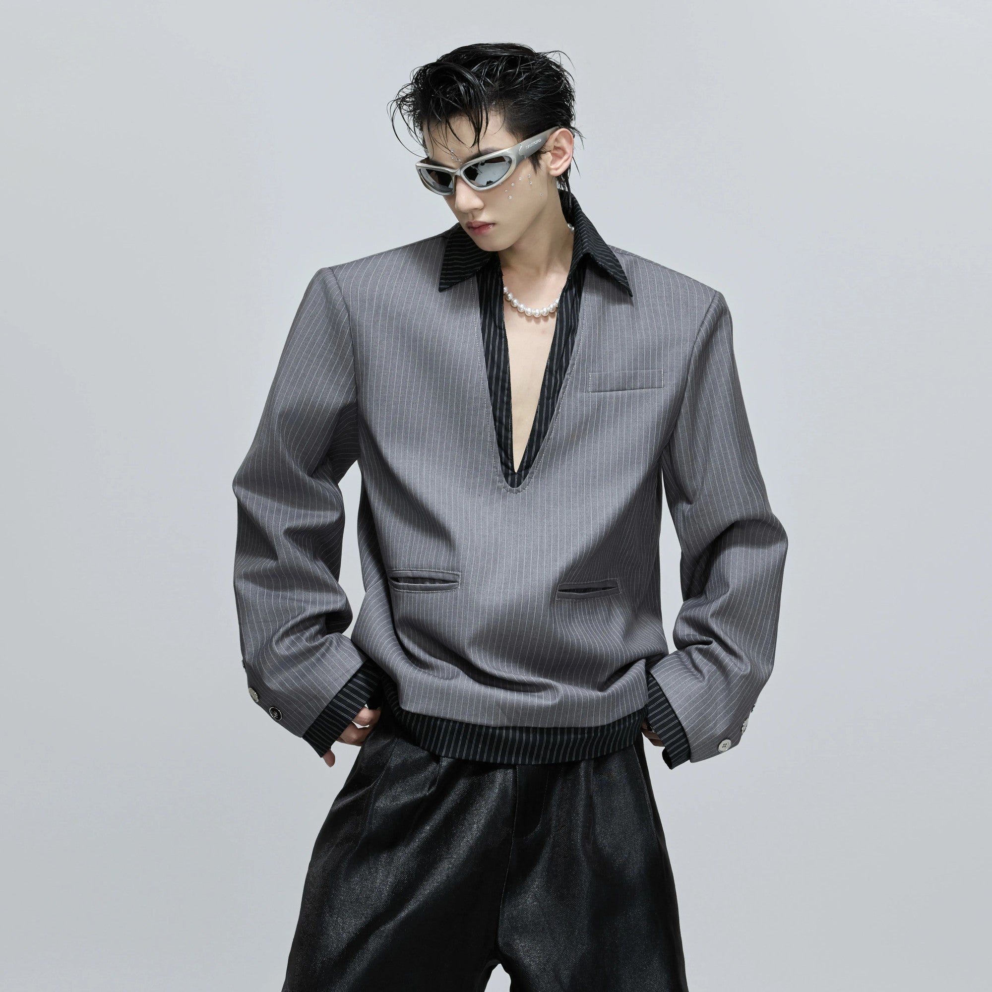 Oversized black striped faux two-piece blazer with padded shoulders